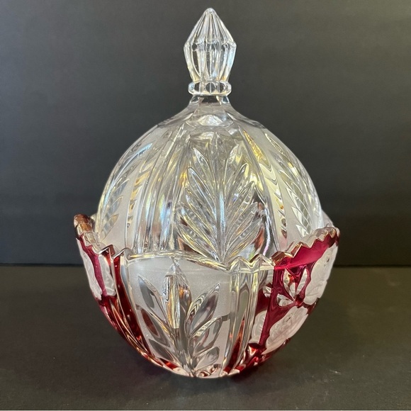 Anna Hutte Bleikristall Candy Dish Covered Lead Crystal Red Cranberry Ruby Flash - Picture 4 of 10